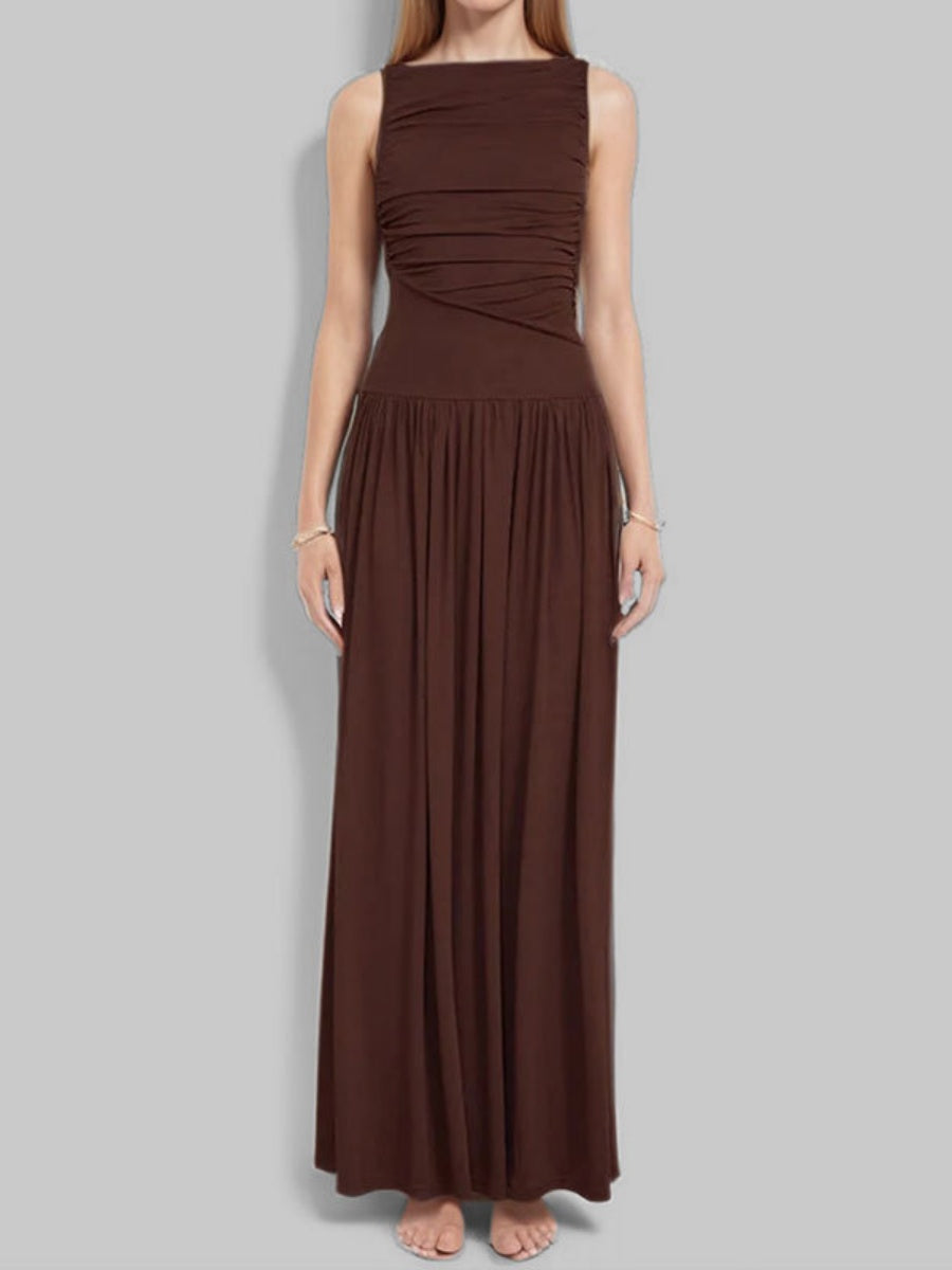 Slim-fit Pleated Solid Color Long Dress