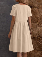 Retro Loose-fitting Pocket Solid Color Round Neck Cotton Linen Short Dress
