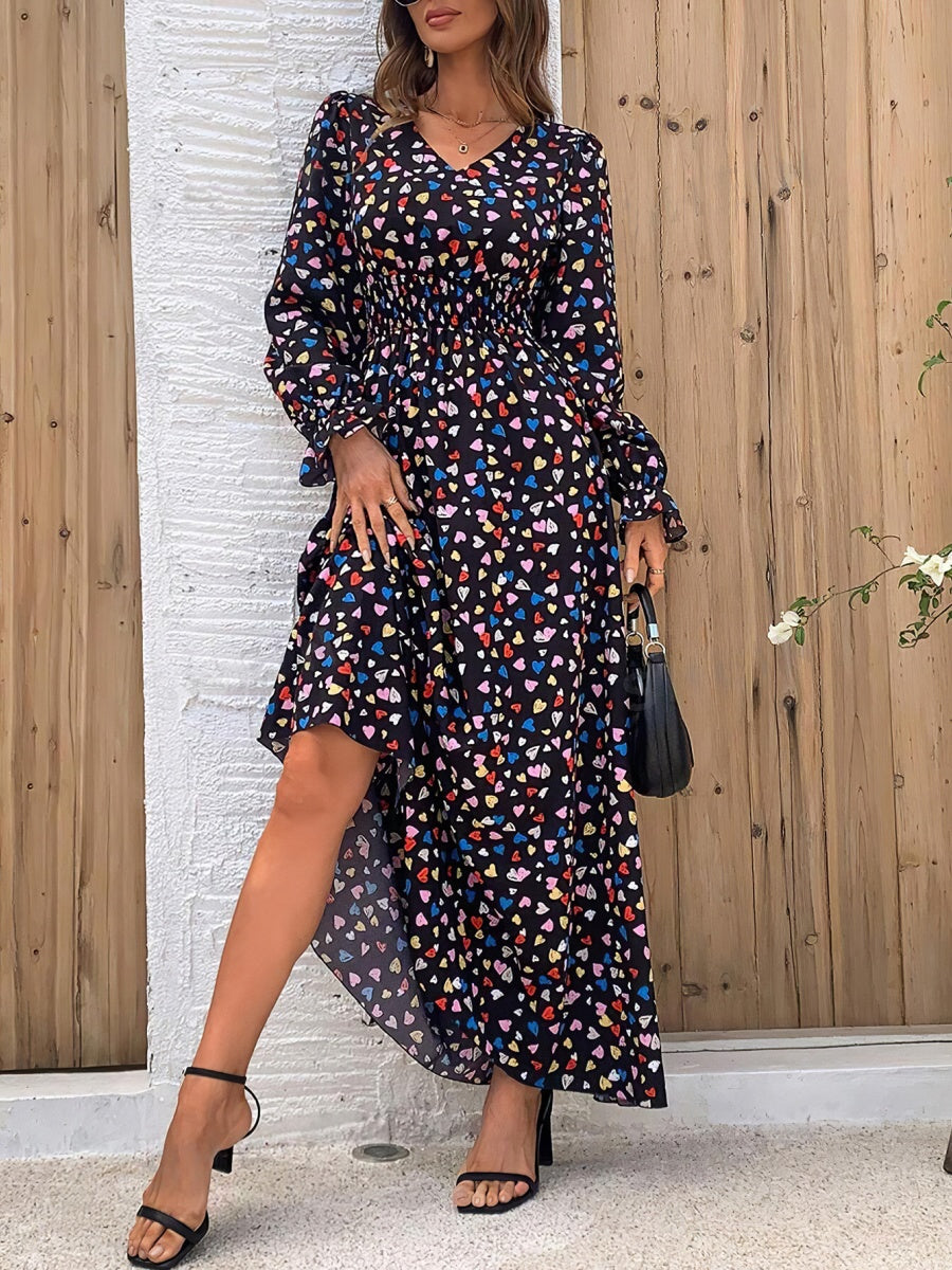 Floral Long Sleeve Square Collar Vacation And Leisure Maxi Dresses