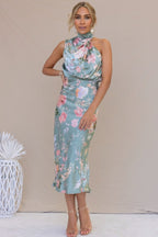 Satin Floral Print Halter Neck Cowl Neck Two Piece Set