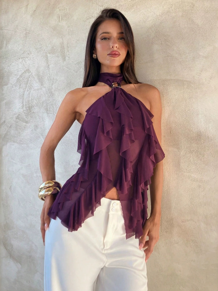 Halter Ruffle Irregular Hem Sleeveless Off-shoulder Camisoles