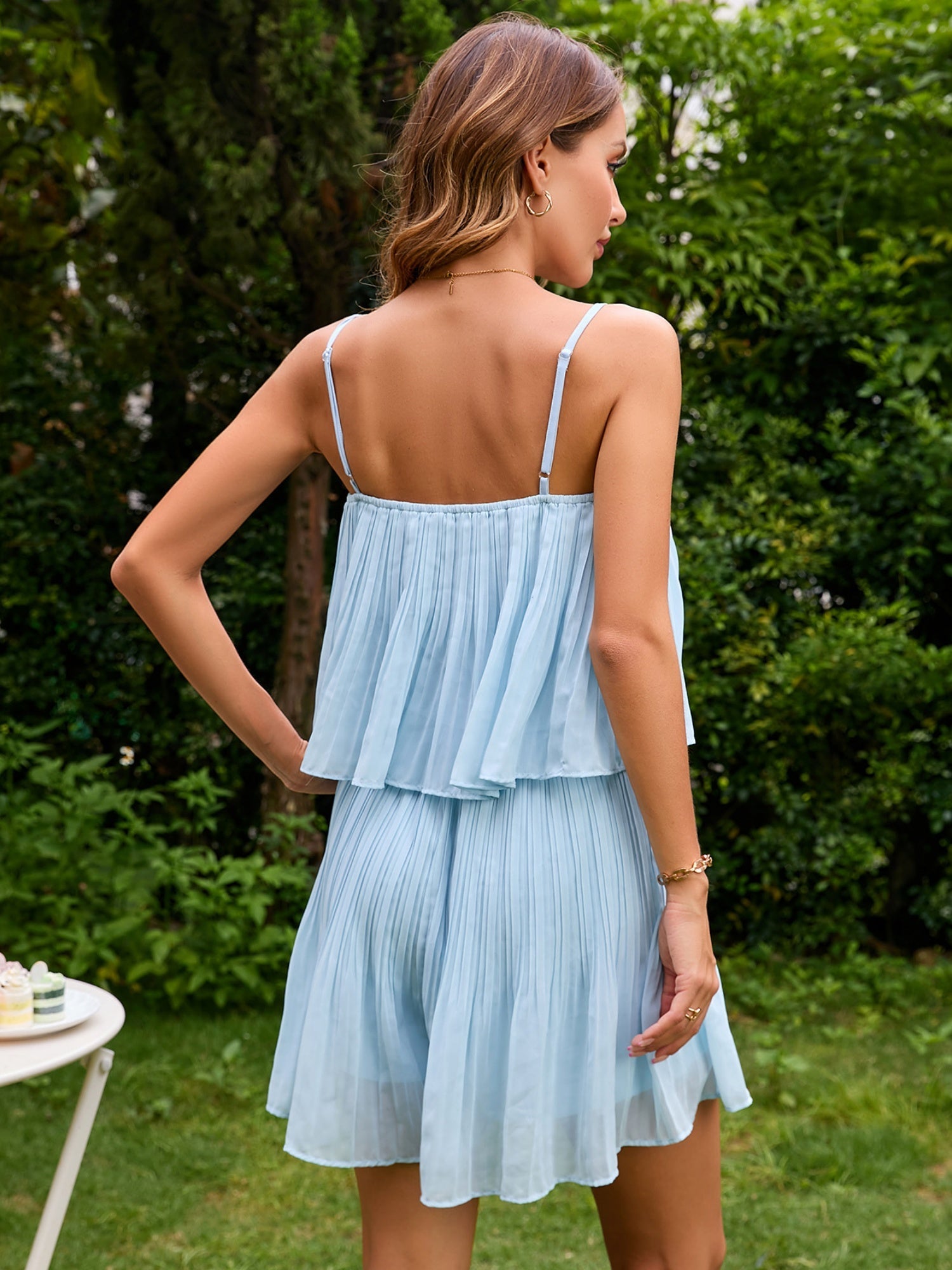 Chiffon Two Layers Of Lotus Leaves Spaghetti Strap Short Dress