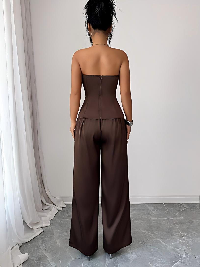 Brown Strapless Wide-leg Pants Two-piece Set