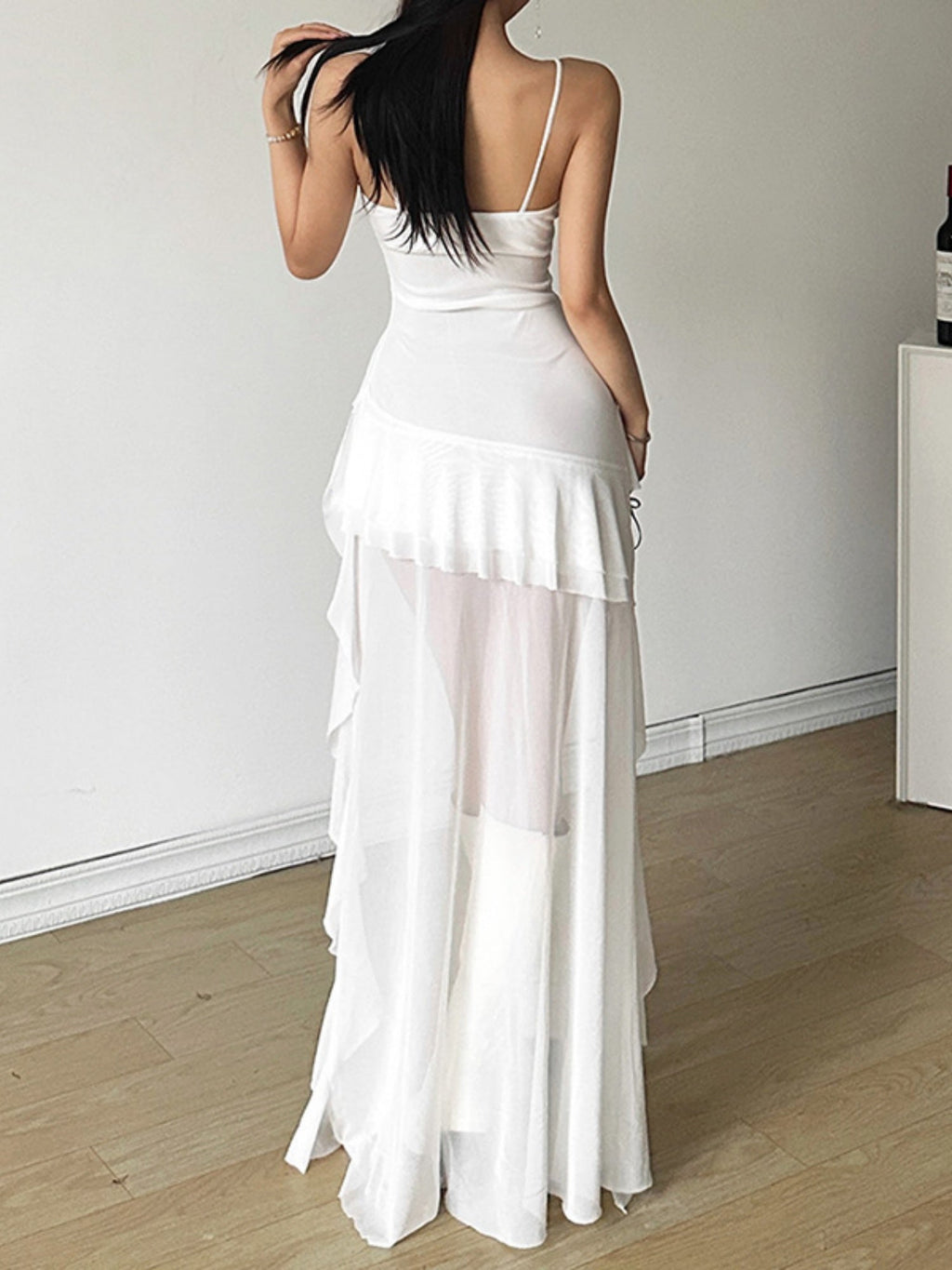 Mesh Ruffle Irregular Hem Camisoles Mini&Short Dresses