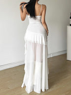 Mesh Ruffle Irregular Hem Camisoles Mini&Short Dresses