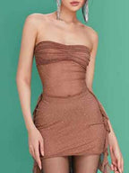 Rhinestone-studded Mesh See-through Strapless Ribbon Hip Wrap Mini&Short Dresses