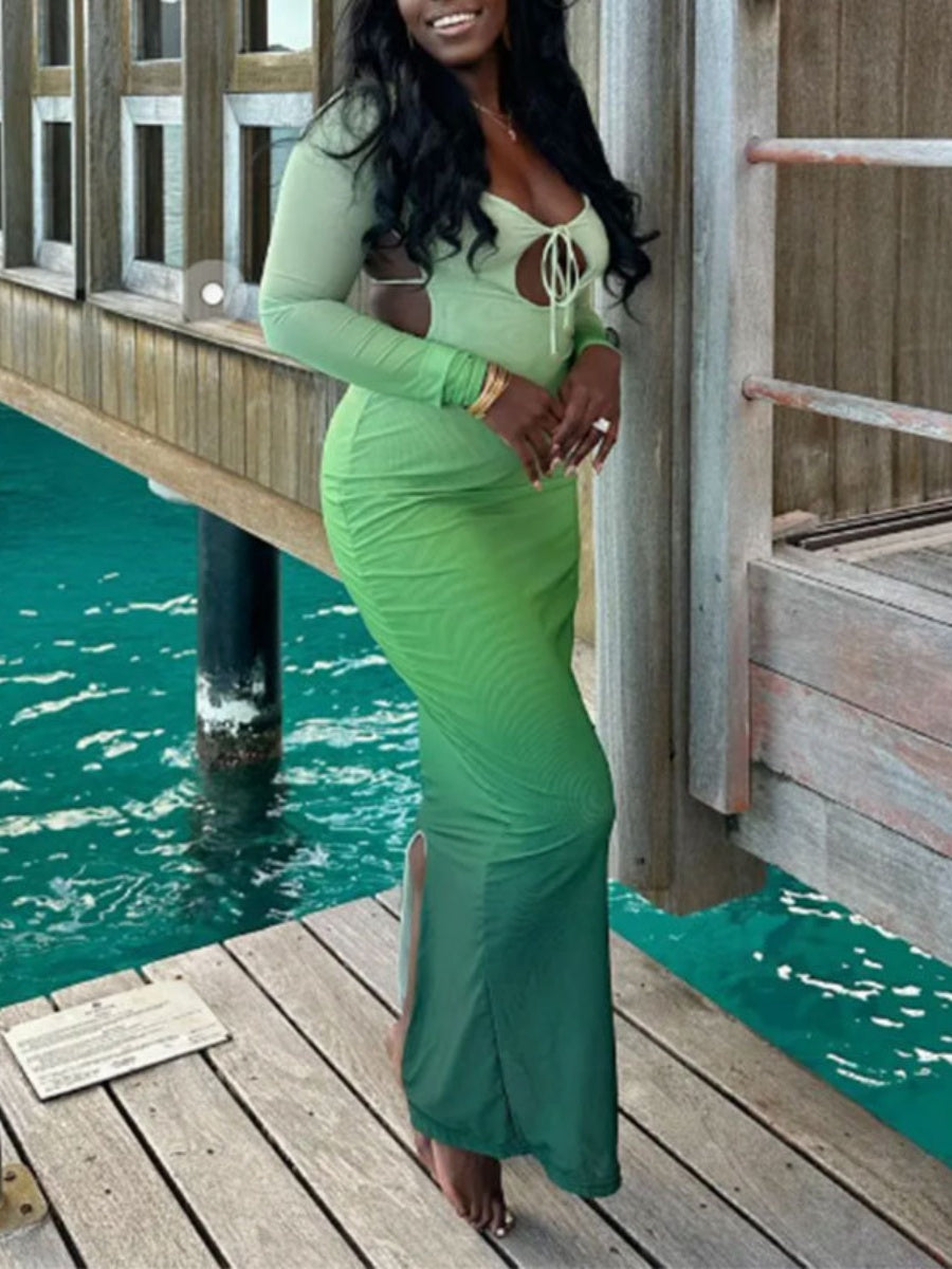 Deep V Gradient Backless Hip-hugging Sexy Stretch Maxi Dresses