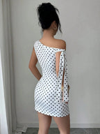 Retro Polka Dots Sloping Shoulders Bandage Hip-hugging Mini&Short Dresses