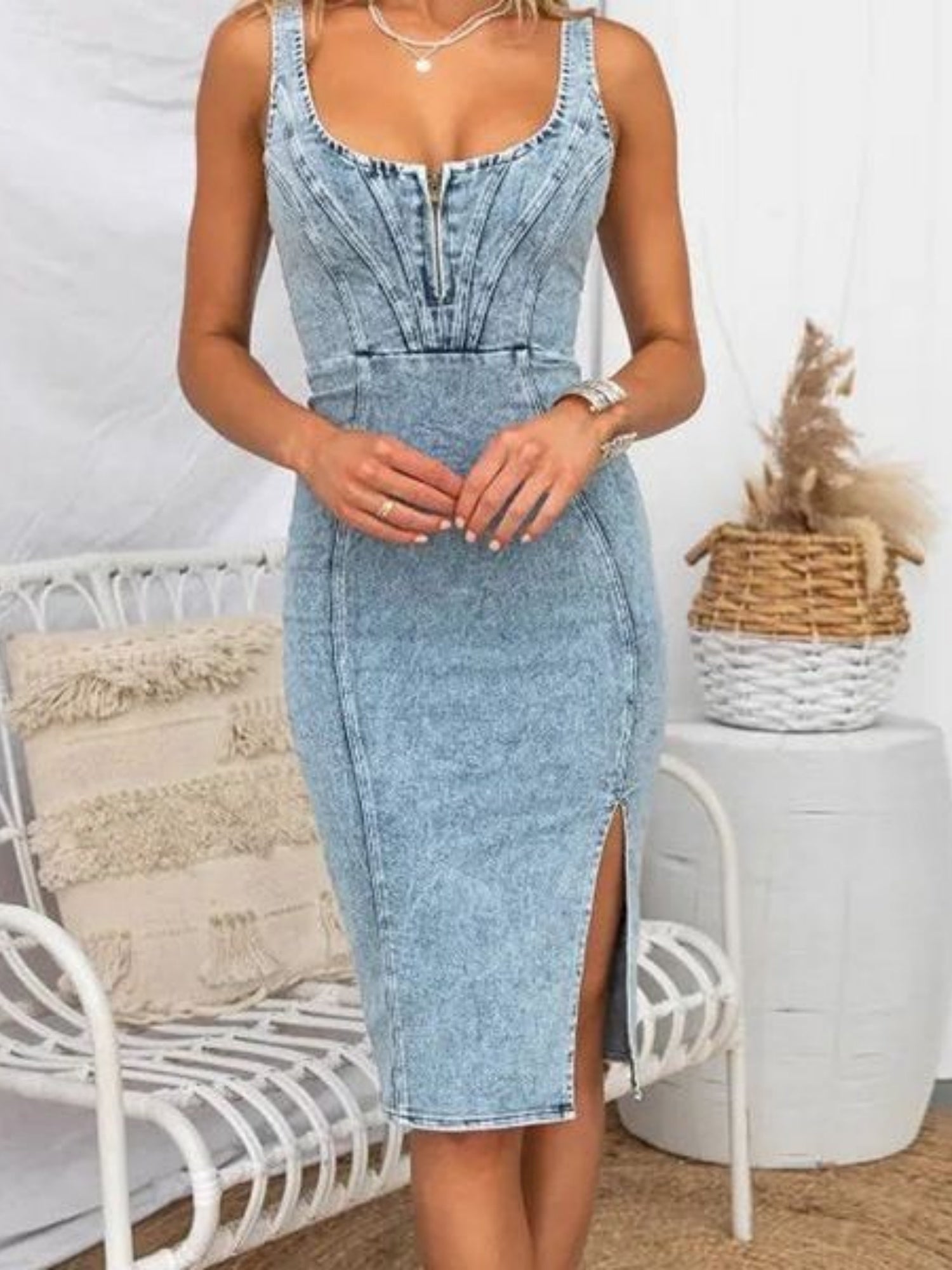 Denim Distressed Suspender U-neck Slit Midi Dresses