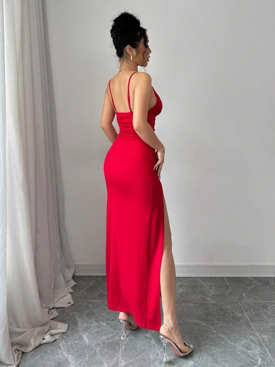 Hip-hugging Slit V-neck Formal Dress Midi Dresses