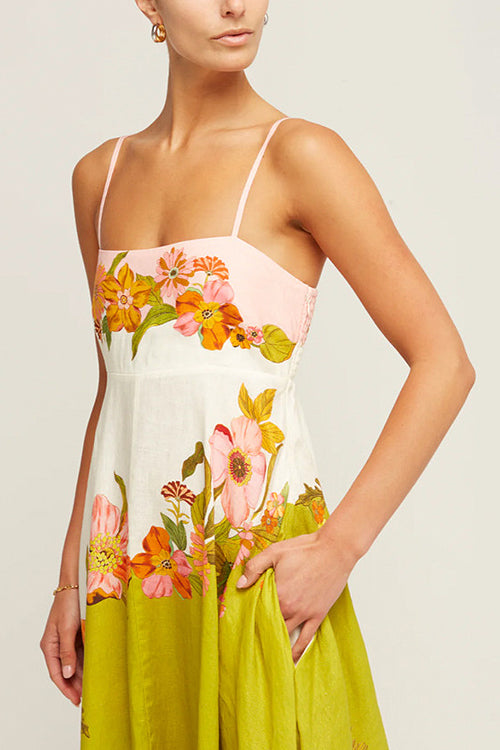 Spaghetti Strap Square Neck Illustrative Print Empire Waist Midi Dress