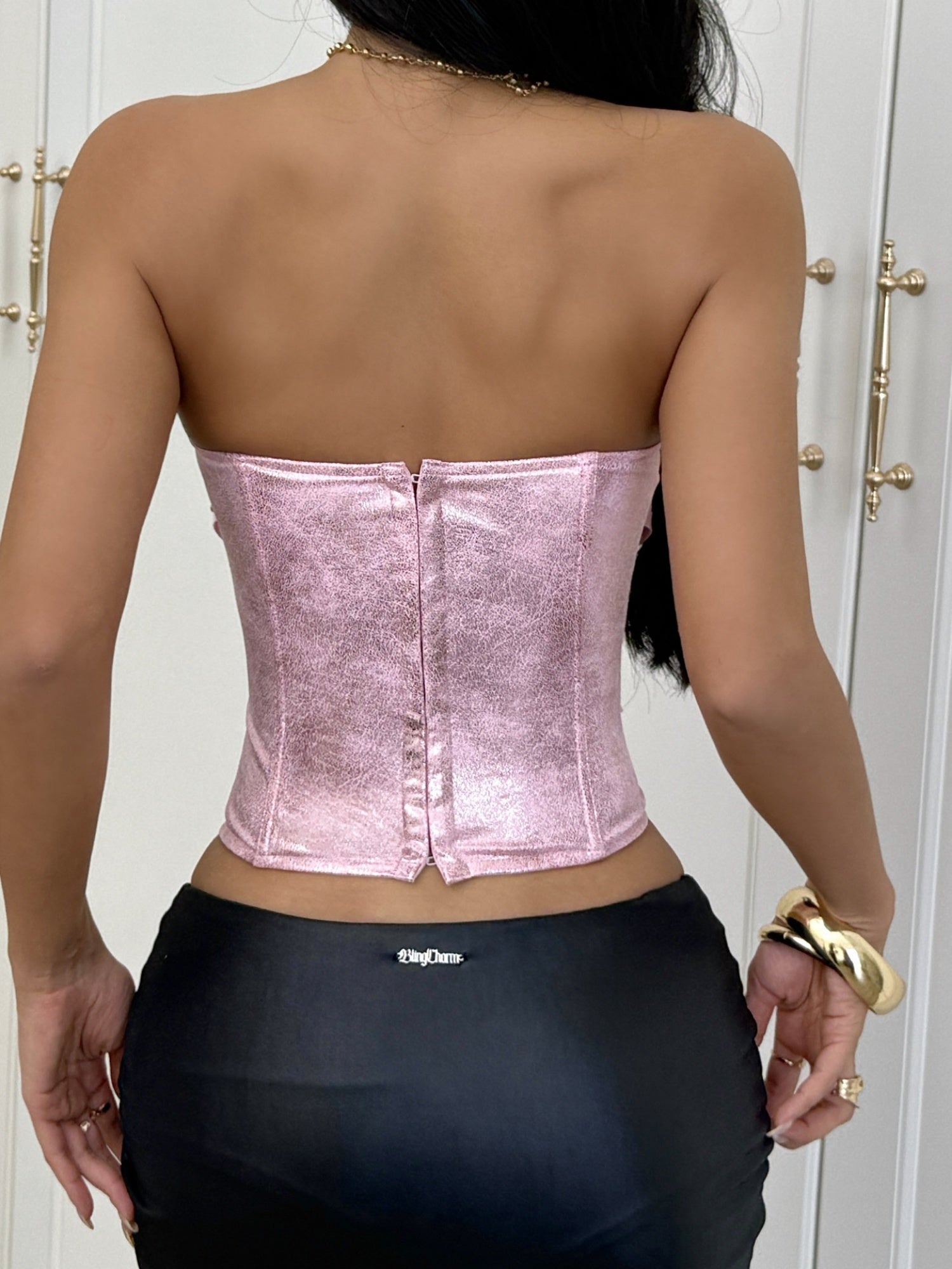 Leather Stitching Lace See-through Herringbone Buckle Backless Tube Top Tank Tops