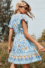 Surplice V-Neck Flutter Sleeve Drawstring Waist Ruffle Hem Floral Mini Dress