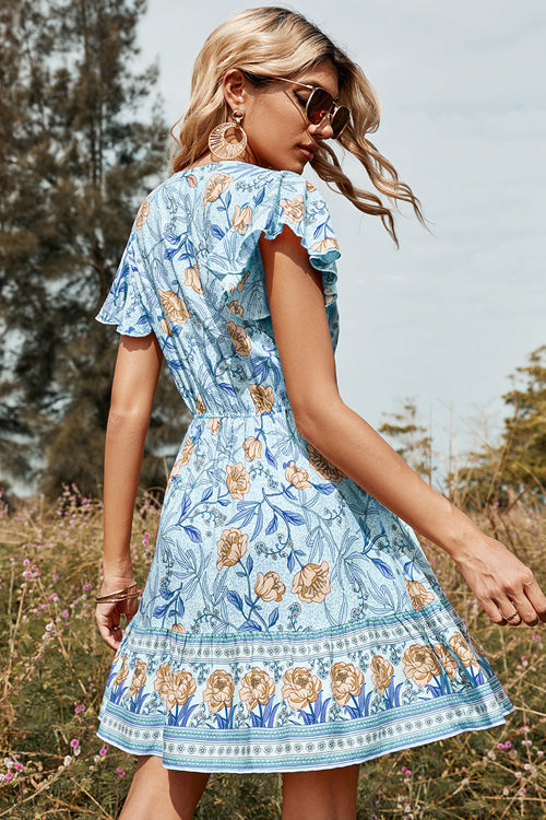 Surplice V-Neck Flutter Sleeve Drawstring Waist Ruffle Hem Floral Mini Dress