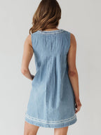 Denim Embroidery Openwork Tie V-neck Sleeveless Mini&Short Dresses