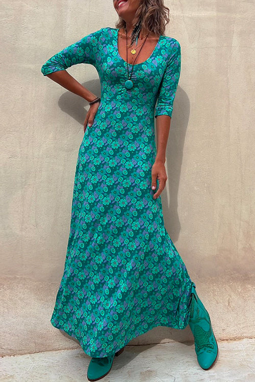 Scoop Neck 3/4 Sleeve Maxi Floral Dress