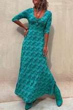 Scoop Neck 3/4 Sleeve Maxi Floral Dress