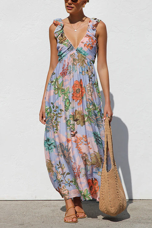 Sleeveless V Neck Floral Print Maxi Holiday Dress