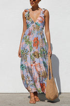 Sleeveless V Neck Floral Print Maxi Holiday Dress