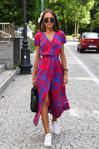 Short Sleeve V-Neck Floral Print Wrap Tie Waist Slit Maxi Dress