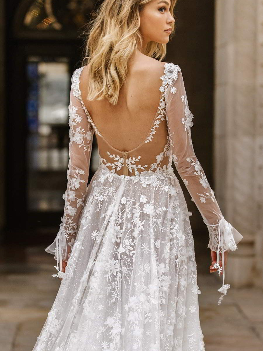 Sexy Long Sleeve V-neck Thin Bridal Wedding Maxi Dresses