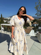 V-neck Puff Sleeve Printed Bandage Large Skirt Vacation And Leisure Maxi Dresses