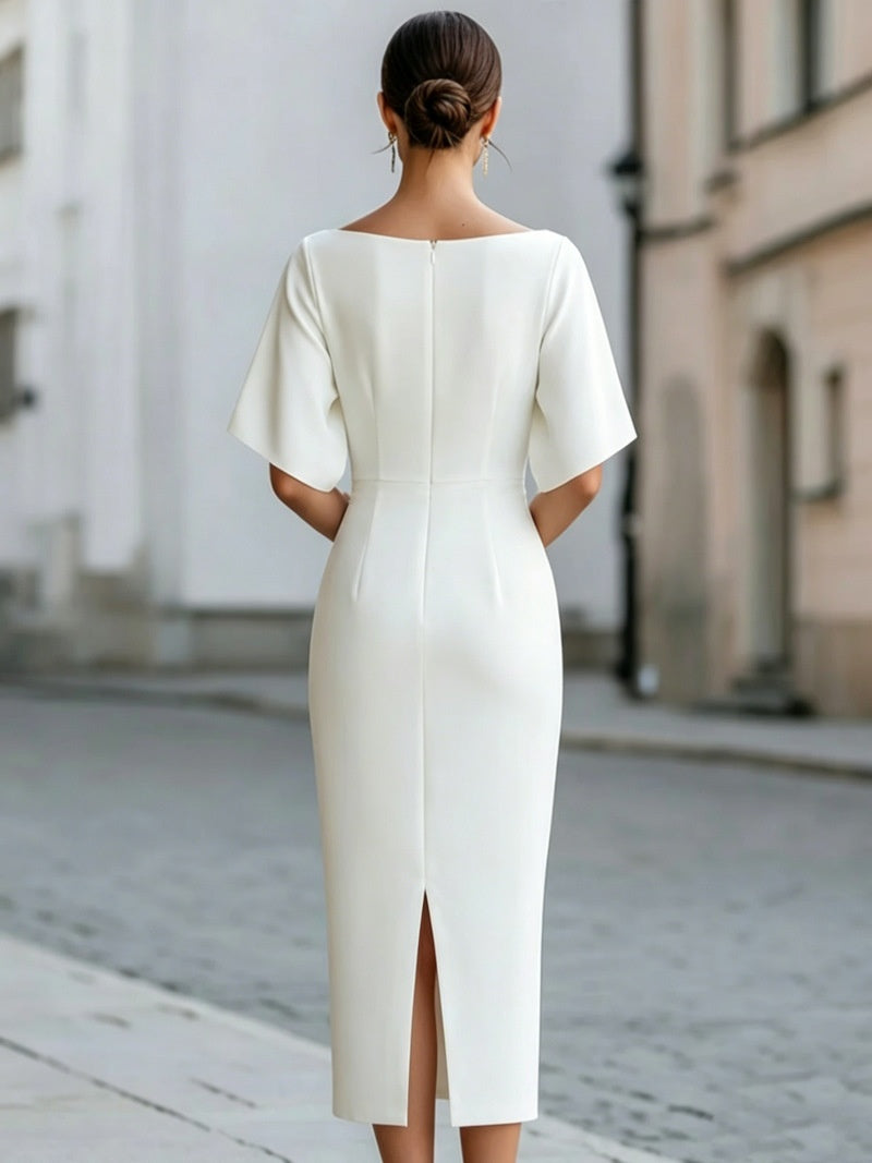 Solid Color Short-sleeved Fitted Waist Midi Dress