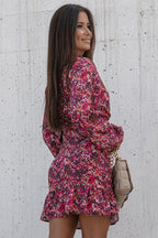 Mock Neck Bishop Sleeve Ruched Front Drawstring Tiered Ruffle Mini Dress