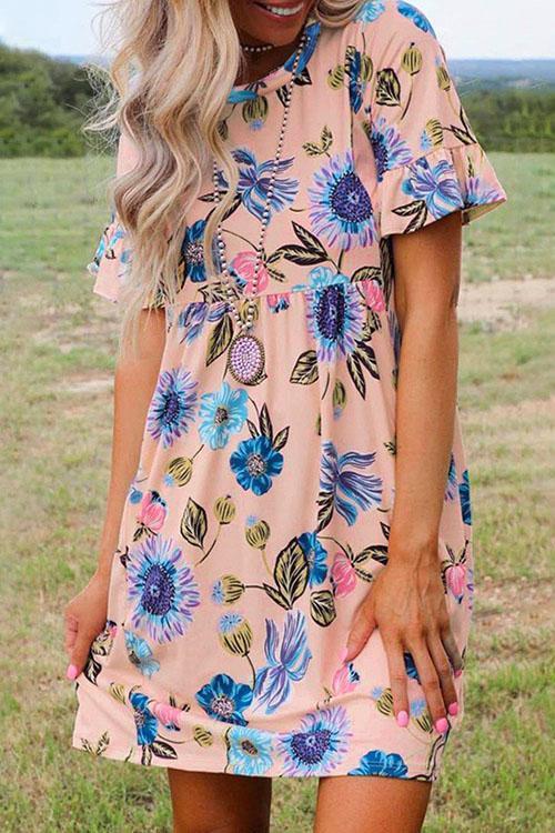 Crewneck Short Sleeve Floral Printed Flowy Dress