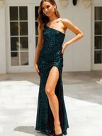 Sequins One Shoulder Sleeveless Slit Tight Fit Maxi Dresses