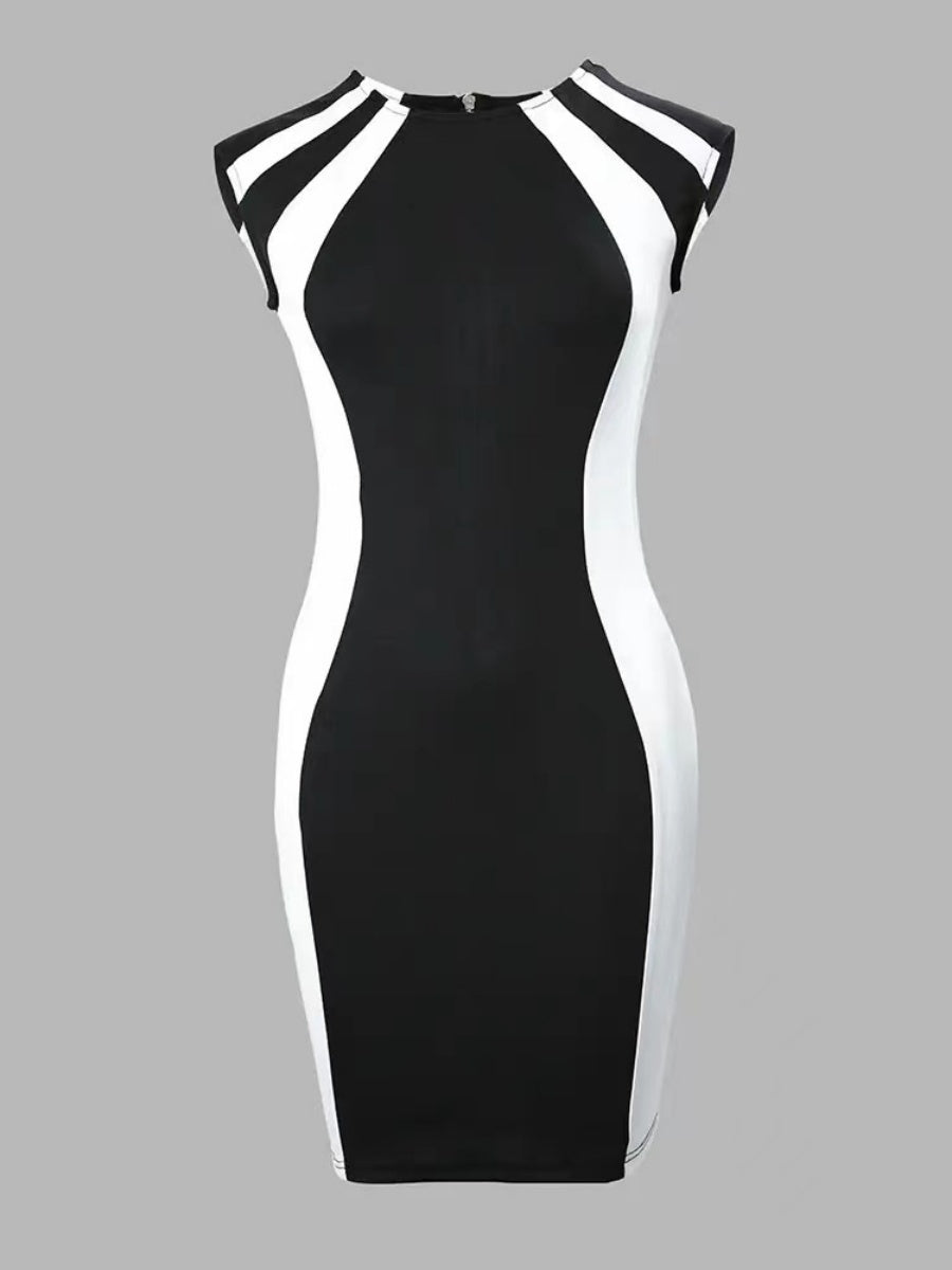 Black And White Splicing Color-blocked Hip-hugging Mini&Short Dresses