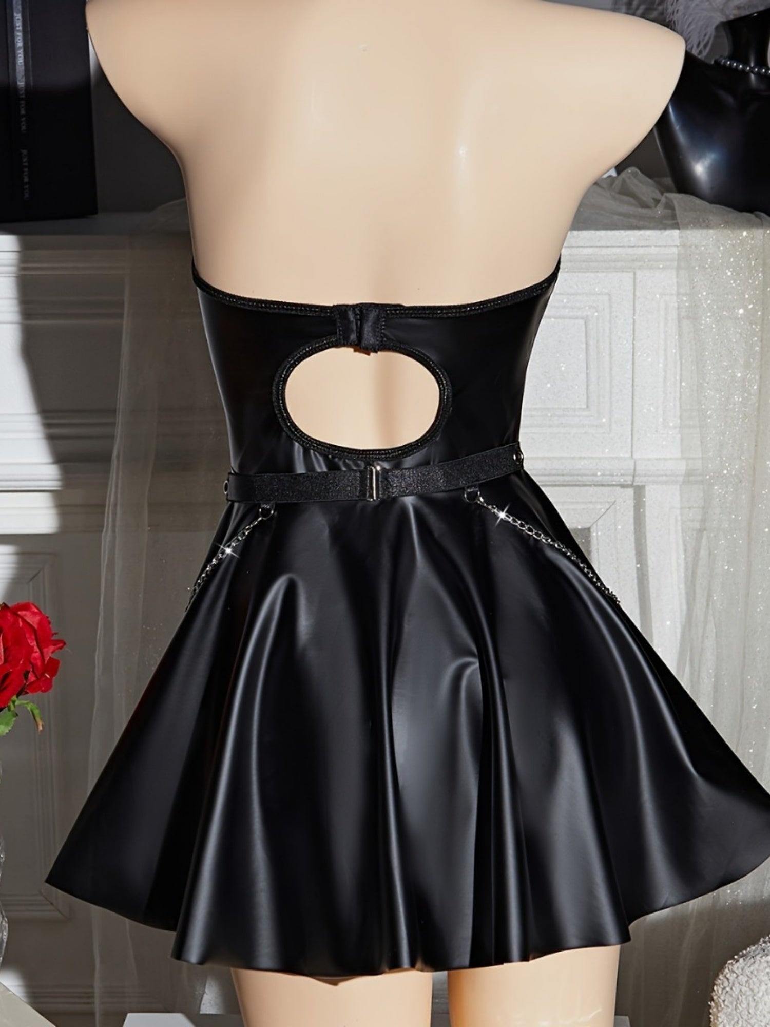 Patent Leather Hollowed-out Halter Neck Backless Chain Mini&Short Dresses
