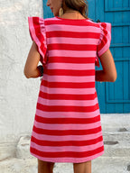 Stripes Color Matching Crew Neck Pocket Midi Dress With Flutter Sleeves