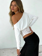 Splicing Lace Off Shoulder Long Sleeve Batwing Sleeves T-shirts