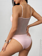Lace Trim Bow Perspective Straps Suspender Bodysuit