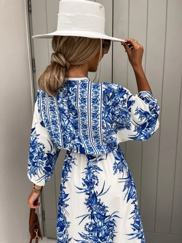 V-neck Short-sleeved Printed Maxi Dress