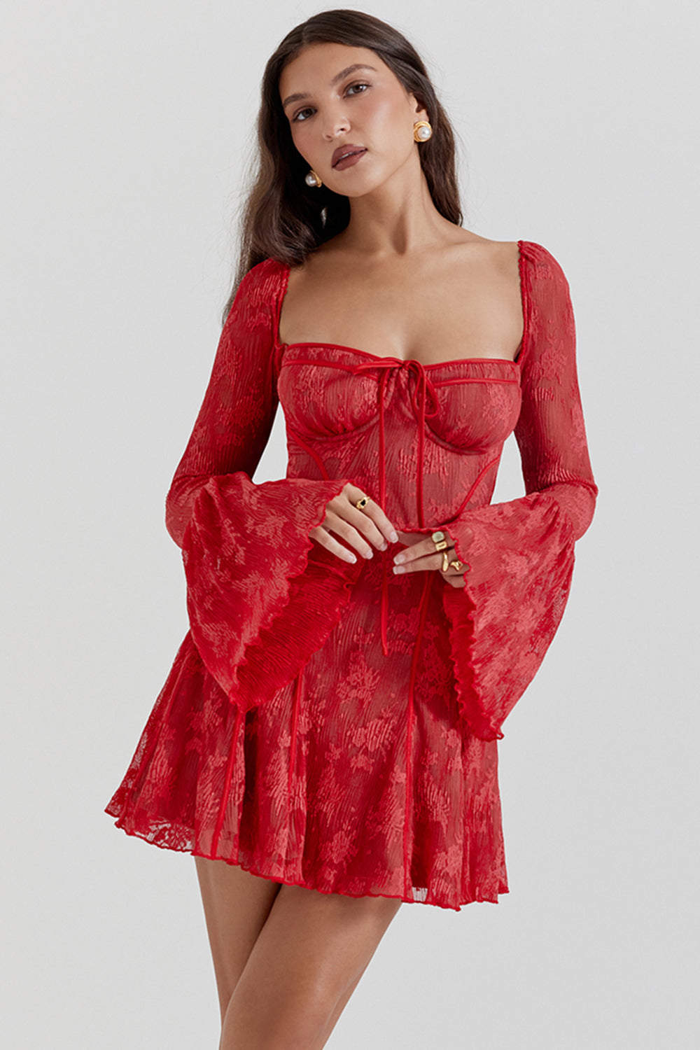 Floral Lace Square Neck Tie Front Bell Sleeve Corset Bodice Mini Dress