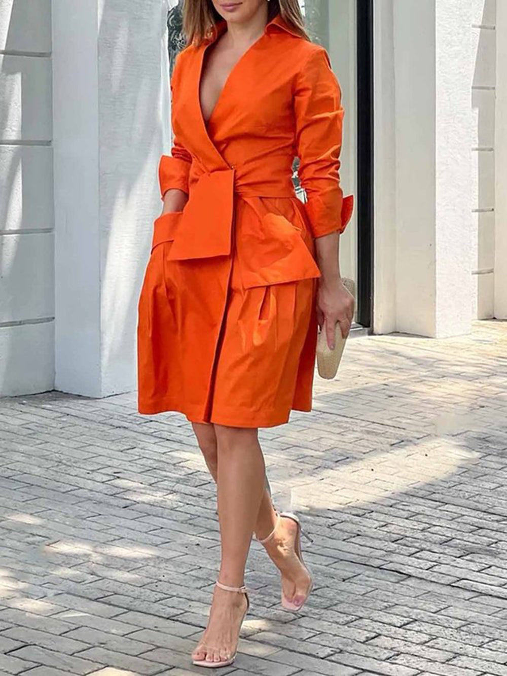Pointed Collar Deep V Wrap Tie Bow Wing Cuff Patch Pocket Shirt Mini Dress