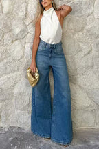 High Waist One Button Pocketed Wide Leg Pants
