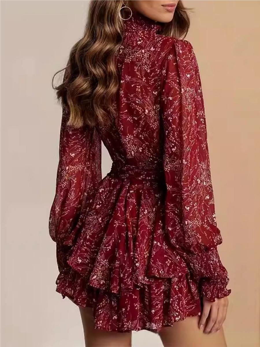 Turtleneck Wood Ear Belts Floral Mini&Short Dresses