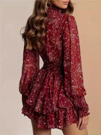 Turtleneck Wood Ear Belts Floral Mini&Short Dresses