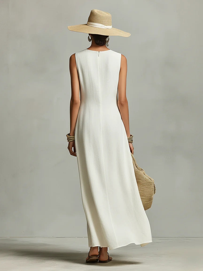 Sleeveless Asymmetrical Hem Cotton-linen Blend Long Dress