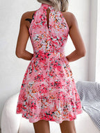 Printed Sleeveless Tie Mini Dress With A Full Skirt