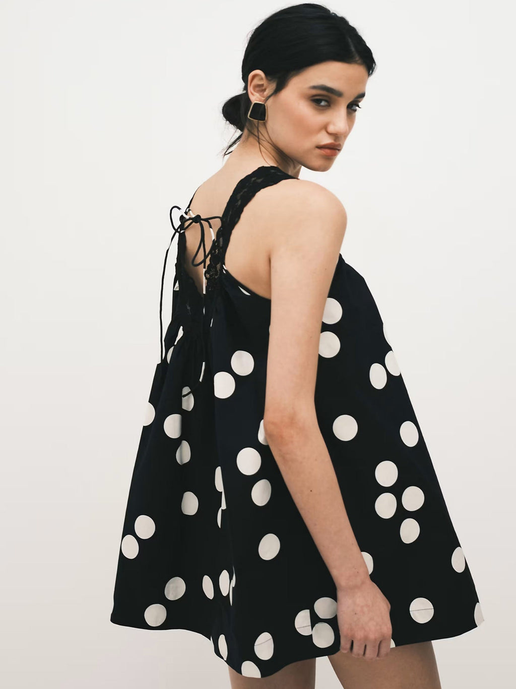 Polka Dots Lace Patchwork Spaghetti Strap Backless Mini&Short Dresses