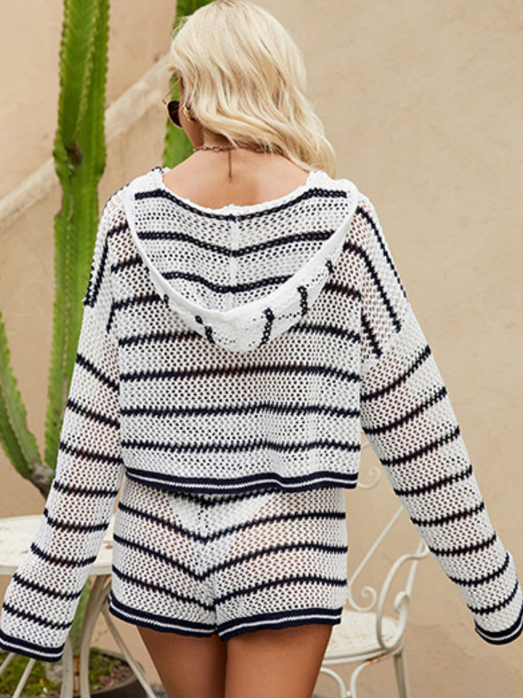 Striped Knitwear V-neck Hoodie Shorts 2-piece Sets