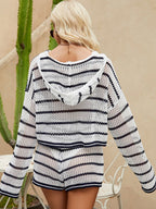 Striped Knitwear V-neck Hoodie Shorts 2-piece Sets