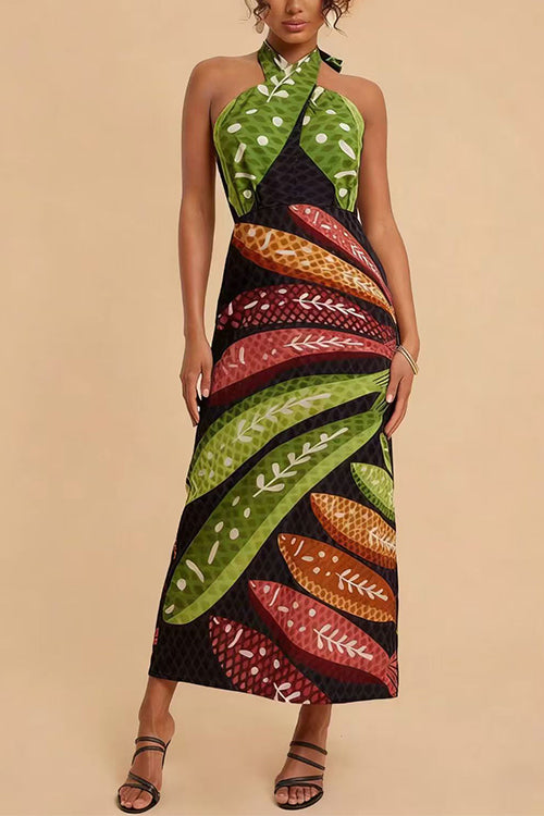 Halter Neck Backless Fish Print Maxi Dress