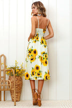 Sunflower Print Spaghetti Strap Button Front Fit and Flare Midi Dress