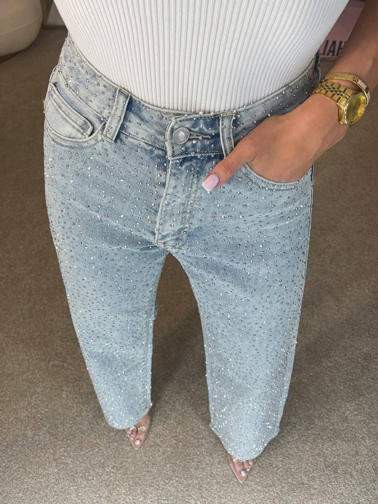 Y2k Rhinestone-studded High-waisted Straight Leg Jeans