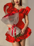 3D Flowers Valentine's Day Off-shoulder Strapless Top Pleated Mini&Short Dresses